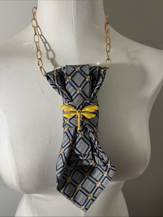 Accessories - Navy Plaid Tie Necklace with Yellow Dragonfly Pin